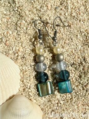 MOTHER OF PEARL Teal, Dark Teal and Pearl Beaded Drop Earrings